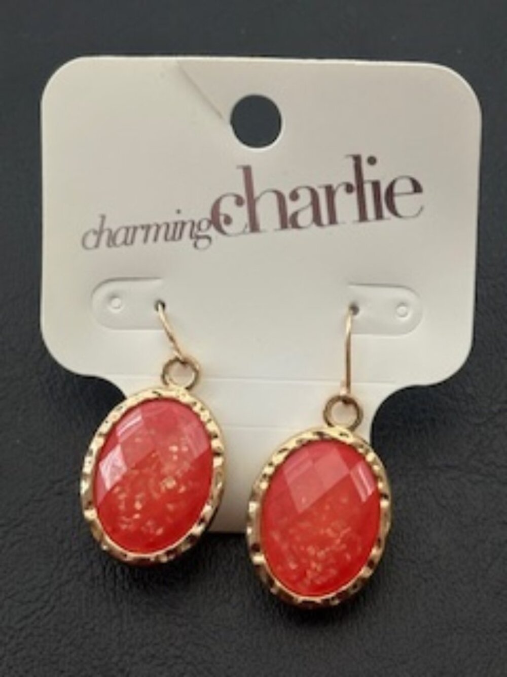 Charming Charlie dangling earrings-Coral & gold tone metal
